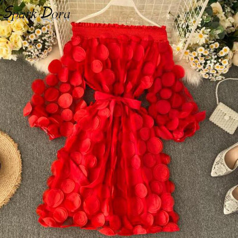 Spring Elegant Dress Dimensional Three Quarter Bubble Sleeve Flower Closing Waist Slash Neck Vestidos Lace Bandage Dress