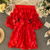 Spring Elegant Dress Dimensional Three Quarter Bubble Sleeve Flower Closing Waist Slash Neck Vestidos Lace Bandage Dress