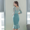 Spring Elegant Lace Patchwork Office Work Dress Women V-neck High Waist Bodycon Mermaid Dresses Korean Party Vestidos
