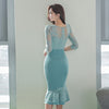 Spring Elegant Lace Patchwork Office Work Dress Women V-neck High Waist Bodycon Mermaid Dresses Korean Party Vestidos