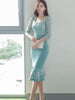 Spring Elegant Lace Patchwork Office Work Dress Women V-neck High Waist Bodycon Mermaid Dresses Korean Party Vestidos