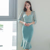 Spring Elegant Lace Patchwork Office Work Dress Women V-neck High Waist Bodycon Mermaid Dresses Korean Party Vestidos