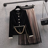 Spring Fall 2 Piece Set Women Office Lady Single Breasted Velvet Vintage Chain Belt Blazer+ Pleated Long Mesh Skirt Suit Sets