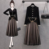 Spring Fall 2 Piece Set Women Office Lady Single Breasted Velvet Vintage Chain Belt Blazer+ Pleated Long Mesh Skirt Suit Sets