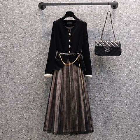 Spring Fall 2 Piece Set Women Office Lady Single Breasted Velvet Vintage Chain Belt Blazer+ Pleated Long Mesh Skirt Suit Sets