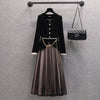 Spring Fall 2 Piece Set Women Office Lady Single Breasted Velvet Vintage Chain Belt Blazer+ Pleated Long Mesh Skirt Suit Sets