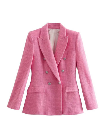 Spring/Fall 2023 Women's Chic And Elegant Textured Lapel Double Breasted Flip Pocket Trim Long Sleeve Blazer Vintage CasualSweet