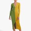 Spring Fall Contrast Color Ribbed Knitted Dress Women Long Sleeve Long Dress V Neck Bodycon Sexy Party Club Casual Midi Dresses