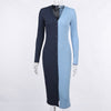 Spring Fall Contrast Color Ribbed Knitted Dress Women Long Sleeve Long Dress V Neck Bodycon Sexy Party Club Casual Midi Dresses