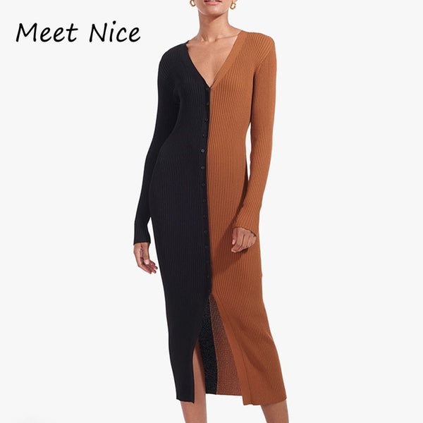 Spring Fall Contrast Color Ribbed Knitted Dress Women Long Sleeve Long Dress V Neck Bodycon Sexy Party Club Casual Midi Dresses