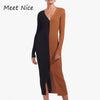 Spring Fall Contrast Color Ribbed Knitted Dress Women Long Sleeve Long Dress V Neck Bodycon Sexy Party Club Casual Midi Dresses
