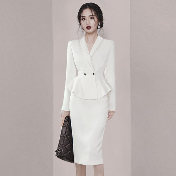 Spring Fall  2-Piece Korean Women's V-Neck Long-Sleeve Suit Jacket + High Waist Pencil Skirt 2-Piece Set New