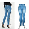 Spring Fall Women Full Length Slim Sides Cross Tied Jeans Office Lady Streetwear Hip Hop Skinny Pencil Leg Blue Chic Denim Pants