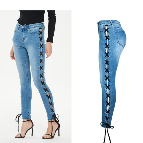 Spring Fall Women Full Length Slim Sides Cross Tied Jeans Office Lady Streetwear Hip Hop Skinny Pencil Leg Blue Chic Denim Pants