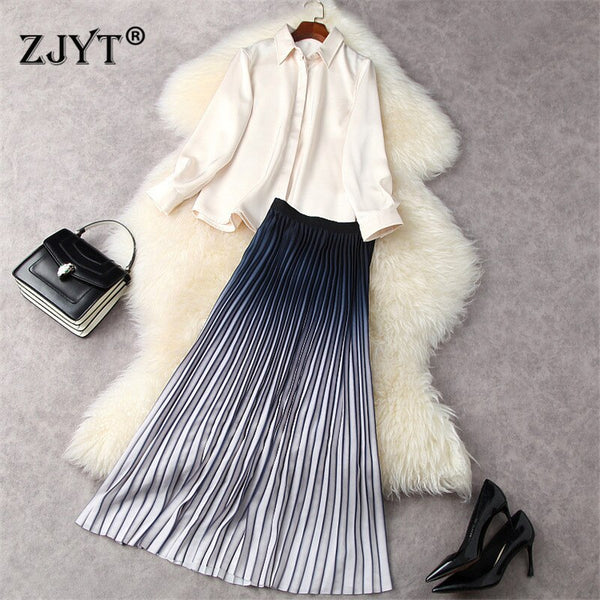 Spring Designers Runway Women's Set Elegant Office Lady 2 Piece Outfits Party Loose Blouse and Pleated Long Skirt Suit