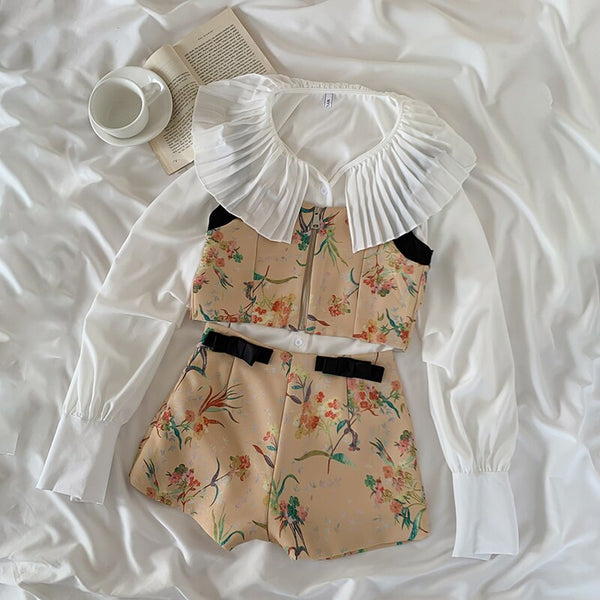 Spring Short Set Women Casual Three Pieces Suit Lightweight Pleated Bottomed Shirt + High Waist Short