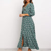 Spring Floral Maxi Dress Women Clothes V-neck Long Sleeve Boho Elegant Ladies Midi Dresses Plus Size Green Casual Dress