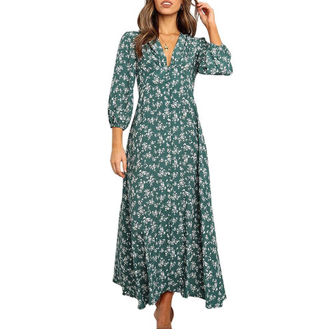 Spring Floral Maxi Dress Women Clothes V-neck Long Sleeve Boho Elegant Ladies Midi Dresses Plus Size Green Casual Dress