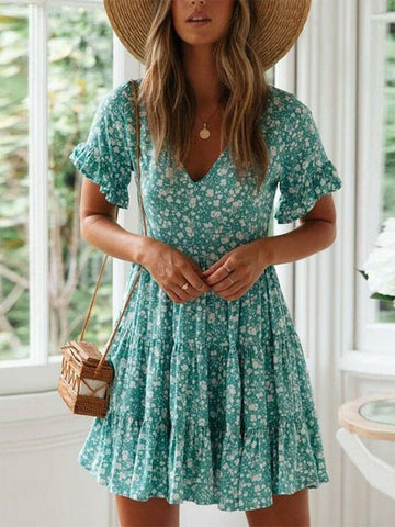 Spring Floral Print Playful Women A-Line Dress Summer Short Sleeve Ruffle Dress Sexy V Neck Female Mini Party Dress