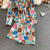 Spring Flower Series Professional Suit Ladies Shirt All-match High Waist Wide Leg Shorts Print Two-piece Set Trend