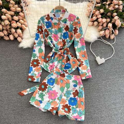 Spring Flower Series Professional Suit Ladies Shirt All-match High Waist Wide Leg Shorts Print Two-piece Set Trend
