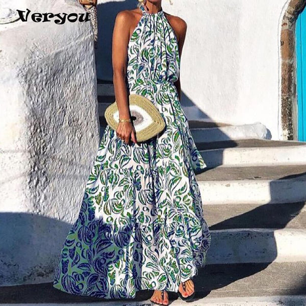 Spring Halter Folds Elegant Boho Long Dress 2023 Summer Sleeveless Tank Maxi Dress Women Floral Print Elastic Waist Party Dress