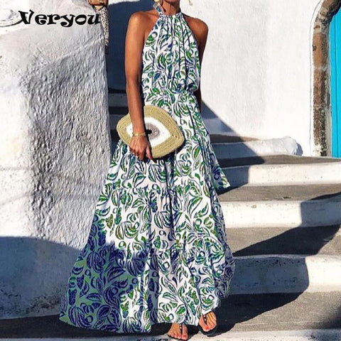 Spring Halter Folds Elegant Boho Long Dress 2023 Summer Sleeveless Tank Maxi Dress Women Floral Print Elastic Waist Party Dress