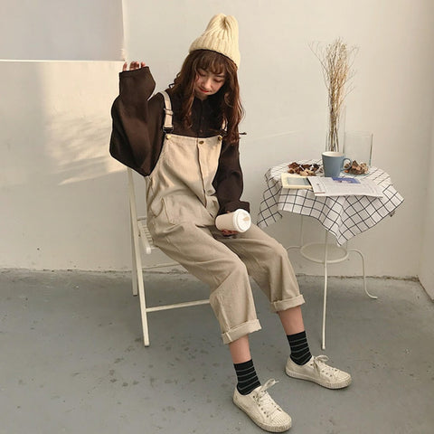 Spring Harajuku Fashion Women Casual Bib Harlan Pants Japanese Cute Corduroy Rompers Preppy Style Overalls Female Jumpsuits