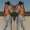 Spring Jean Pants Women Casual Blue Hollow Out High Waist Vintage Wide Leg Denim Trousers Sexy Y2K Pockets Punk Outfits