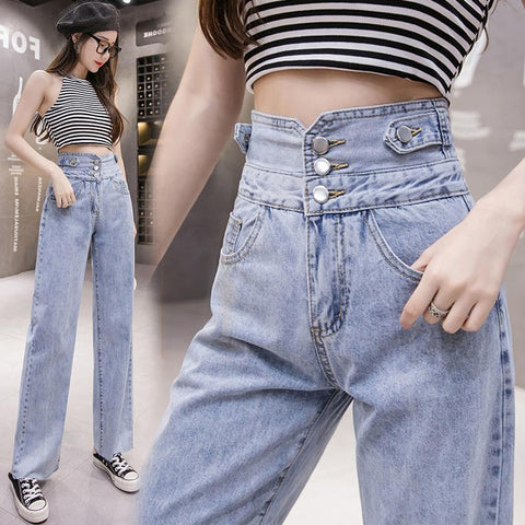 Spring Jeans For Women Blue Loose Vintage Female High Waist Streetwear leisure loose Denim Straight pants Trousers