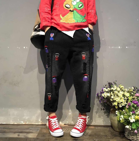 Spring Jeans Women 2022 Elastic Waist Embroidery Denim Pants Female New Retro Denim Trousers pocket Vintage flower Casual Jeans