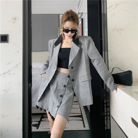Spring Korean Design Plaid Suit Jackets Temperament Mini Skirts Gray Blazer and Skirt Set Office Style Clothes 2023