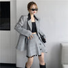 Spring Korean Design Plaid Suit Jackets Temperament Mini Skirts Gray Blazer and Skirt Set Office Style Clothes 2023