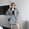 Spring Korean Design Plaid Suit Jackets Temperament Mini Skirts Gray Blazer and Skirt Set Office Style Clothes 2023