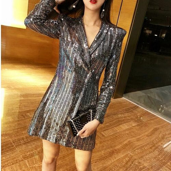 Spring Korean Style Deep V-neck Silver Color Suit Sexy Woman Beautiful Sequins Long Blazer Jacket