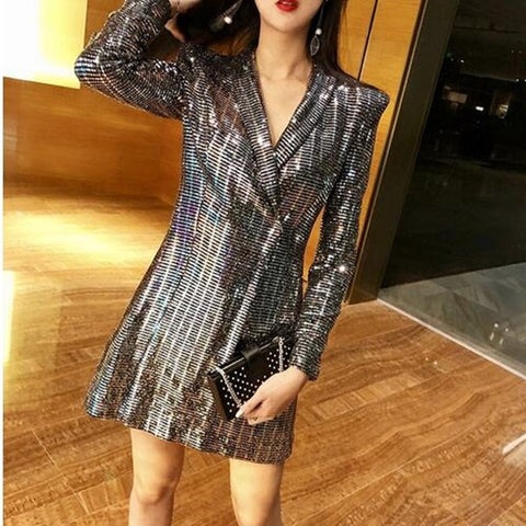 Spring Korean Style Deep V-neck Silver Color Suit Sexy Woman Beautiful Sequins Long Blazer Jacket