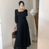 Spring Korean Style Elegant High Waist Women Dress Thin Square Collar Pleated Dress Solid Color Office Vestidos with Belt 12801
