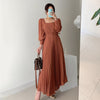 Spring Korean Style Elegant High Waist Women Dress Thin Square Collar Pleated Dress Solid Color Office Vestidos with Belt 12801