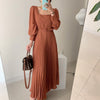 Spring Korean Style Elegant High Waist Women Dress Thin Square Collar Pleated Dress Solid Color Office Vestidos with Belt 12801
