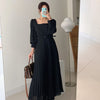 Spring Korean Style Elegant High Waist Women Dress Thin Square Collar Pleated Dress Solid Color Office Vestidos with Belt 12801