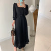 Spring Korean Style Elegant High Waist Women Dress Thin Square Collar Pleated Dress Solid Color Office Vestidos with Belt 12801