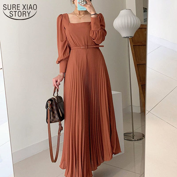 Spring Korean Style Elegant High Waist Women Dress Thin Square Collar Pleated Dress Solid Color Office Vestidos with Belt 12801