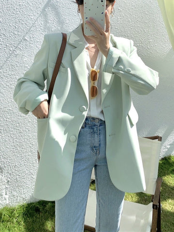 Spring Korean Style Loose Suit Jacket Women Long Sleeve Single Breasted Solid Color Lapel Office Lady Blazer Mujer Elegant