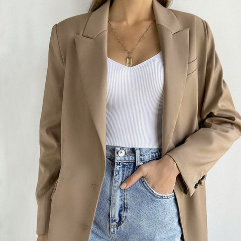 Spring Korean Style Oversized Blazer Women Jacket Casual Beige Coat Loose  Elegant Black Autumn Blazer For Women