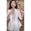 Spring Ladies Blazer Pearl Frill Lapel Slim Women Blazer Jacket White Purple Suit Long-Sleeved Overcoat Female Tops