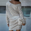Spring Lady Sequin Mini Dress Elegant Off Shoulder Long Sleeve Party Dress Women Sexy Slash Neck Pullover Loose Dresses
