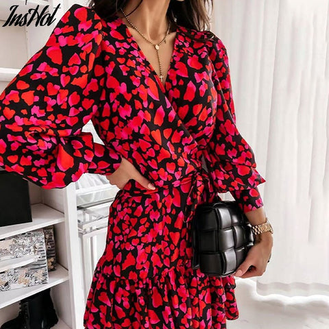 Spring Long Lantern Sleeve Print Wrap Dress Women Elegant Ruffles V Neck Red Party Dresses Autumn Female A Line Office Vestidos