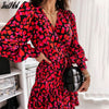 Spring Long Lantern Sleeve Print Wrap Dress Women Elegant Ruffles V Neck Red Party Dresses Autumn Female A Line Office Vestidos