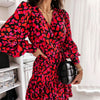 Spring Long Lantern Sleeve Print Wrap Dress Women Elegant Ruffles V Neck Red Party Dresses Autumn Female A Line Office Vestidos