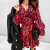 Spring Long Lantern Sleeve Print Wrap Dress Women Elegant Ruffles V Neck Red Party Dresses Autumn Female A Line Office Vestidos